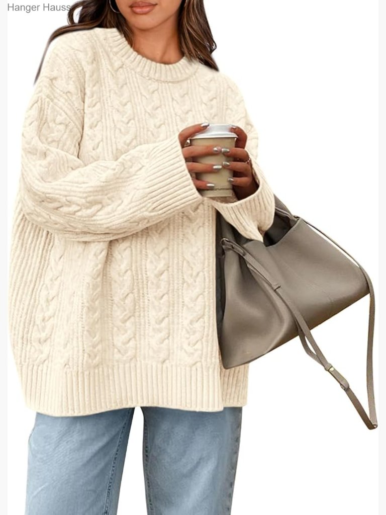 Oversized Crewneck Cable Knit Pullover Sweater Chunky Cozy